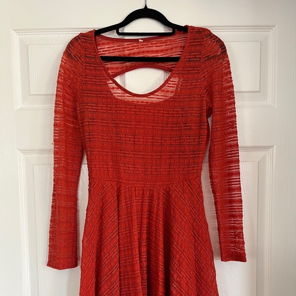 Cherry Red Cutout Short Length Dress With Long Sleeves - Picture 1 of 2
